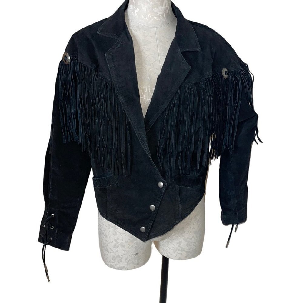 Winlit Vintage Jacket Size Medium Black Suede Fringe Asymmetric Snap Closure